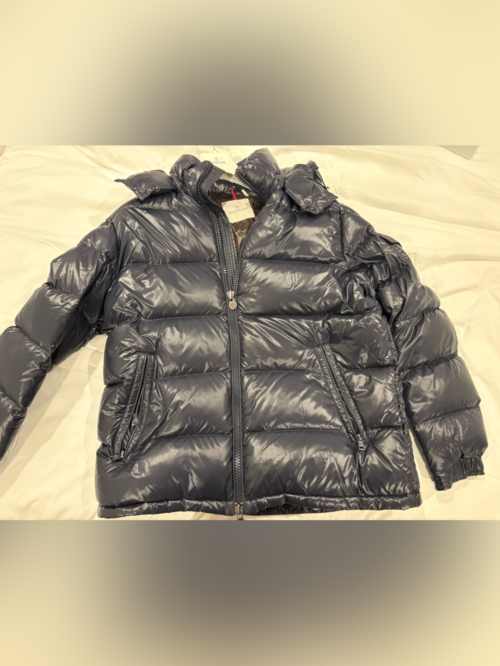 Authentic Moncler Navy Shiny Quilted Jacket with Red-Trim Detail